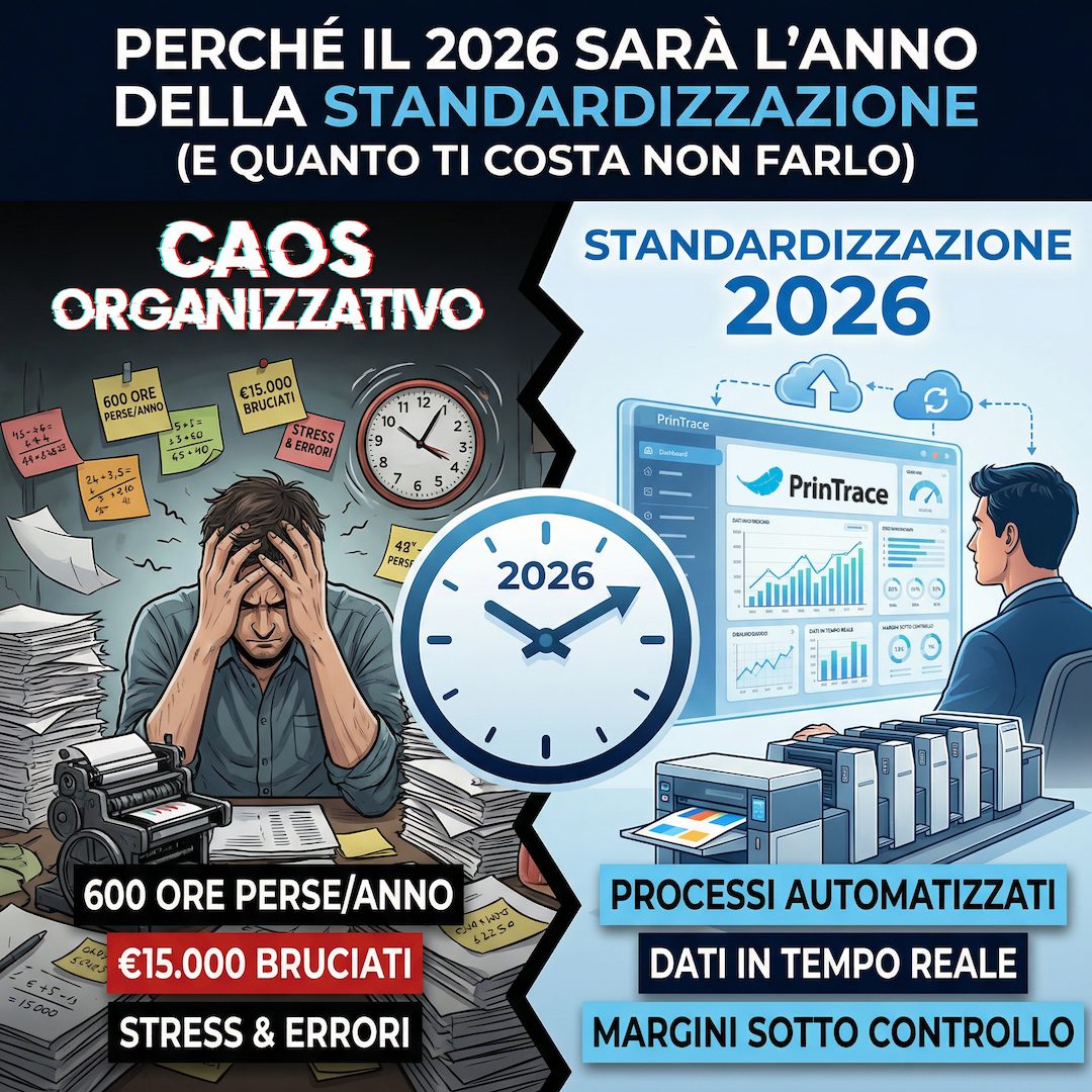 Confronto illustrato tra caos organizzativo, con 600 ore perse e 15.000 € bruciati all'anno, e standardizzazione 2026 con il cruscotto di PrinTrace