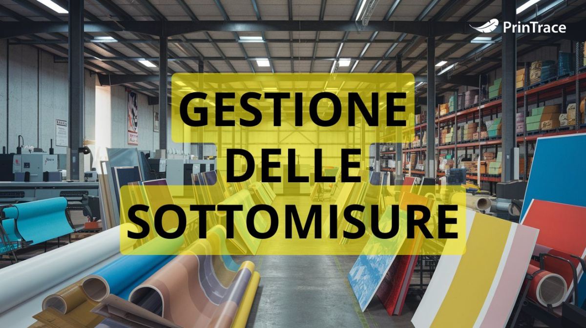 Magazzino di tipografia con bobine e lastre di materiale sugli scaffali, con la scritta Gestione delle Sottomisure