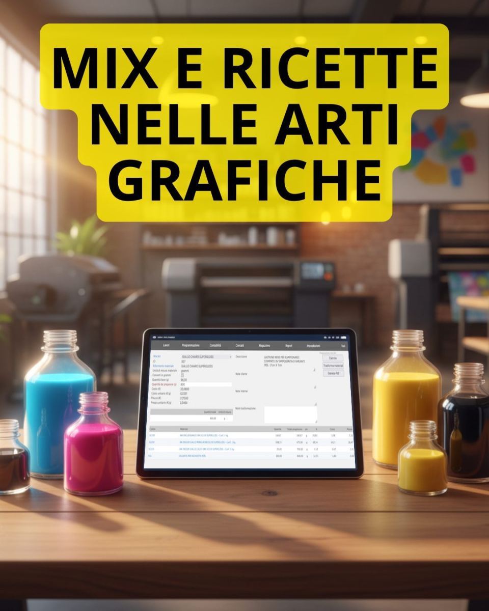 Tablet con la schermata Mix/Kit di PrinTrace su un banco con boccette di inchiostro colorato, con la scritta Mix e Ricette nelle Arti Grafiche
