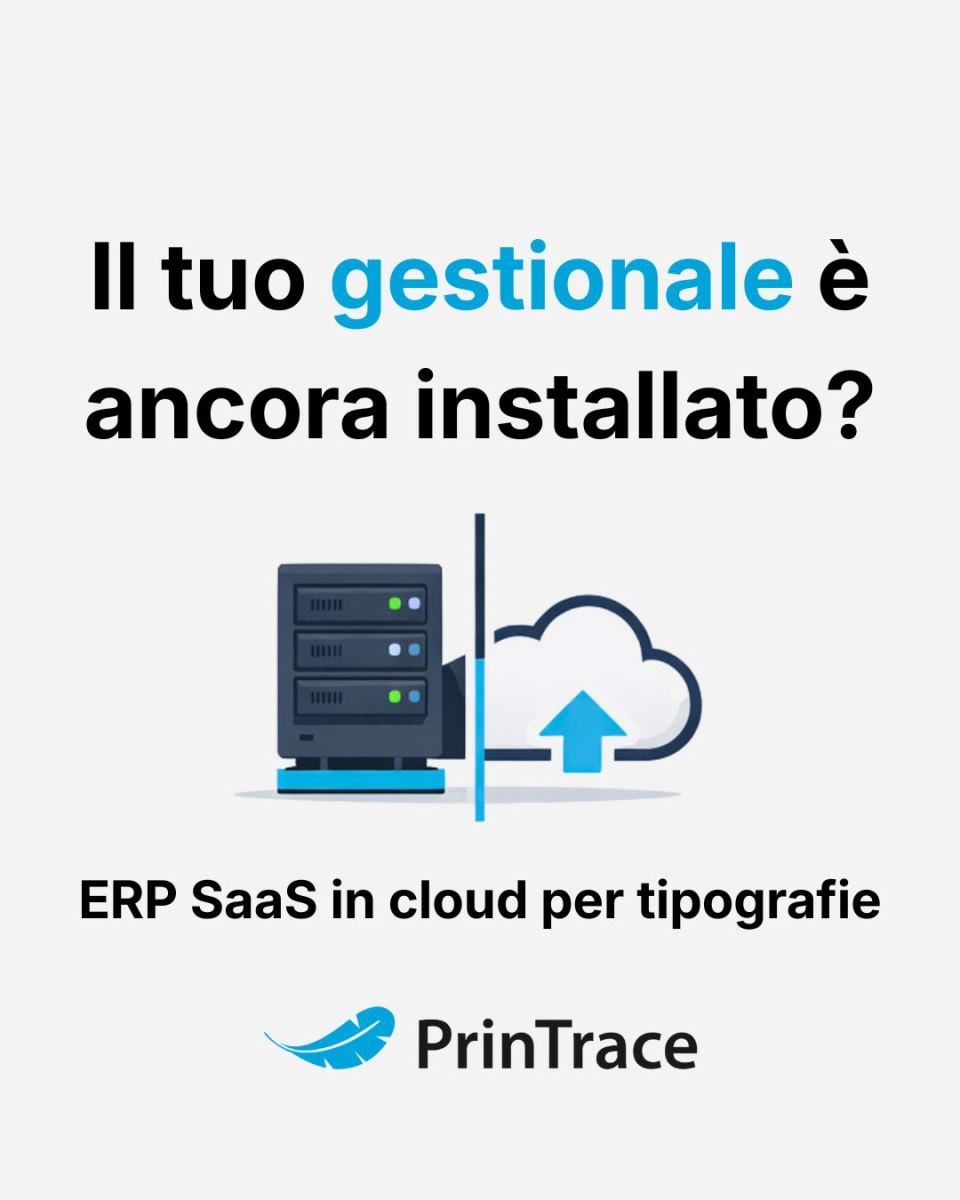 Illustrazione di un server che si trasforma in una nuvola cloud, con il testo Il tuo gestionale è ancora installato, ERP SaaS in cloud per tipografie