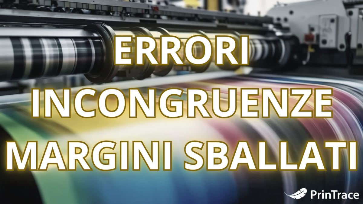 Rulli di una macchina da stampa con carta colorata, con le scritte Errori, Incongruenze, Margini Sballati