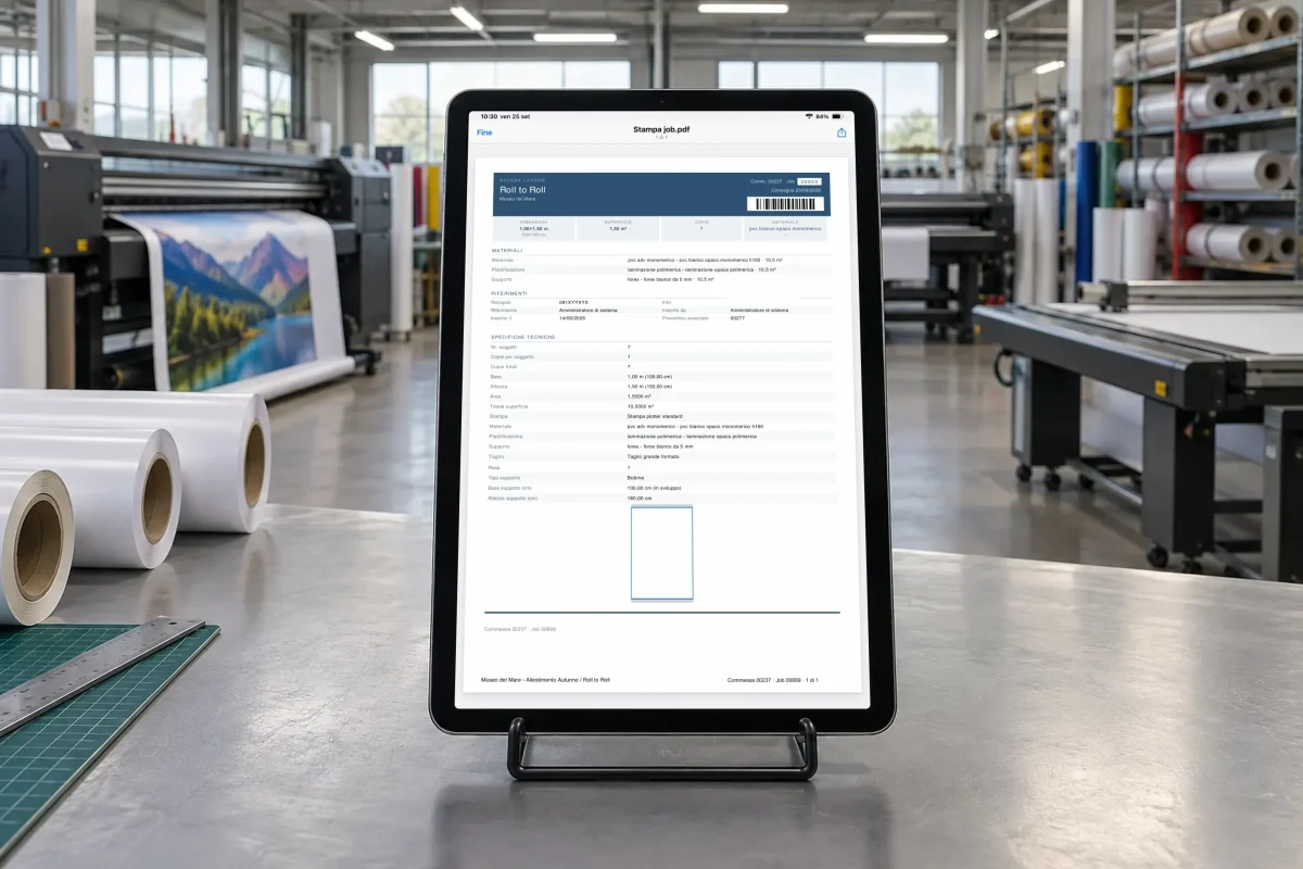 Job ticket for a roll-to-roll job in PrinTrace on a tablet: materials, technical specifications and barcode