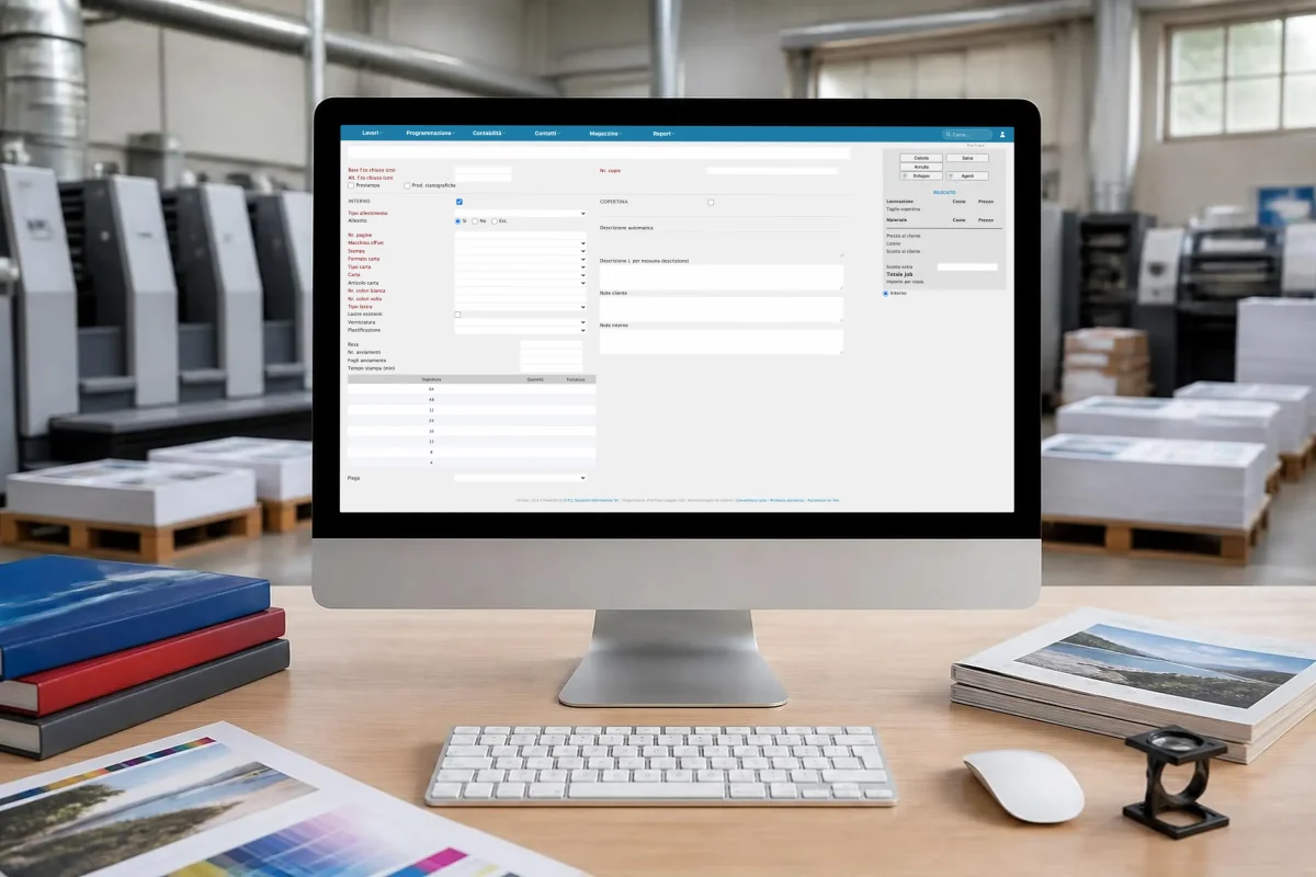 Preventivo offset in PrinTrace: formato, macchina, carta, colori, resa, avviamenti e segnature