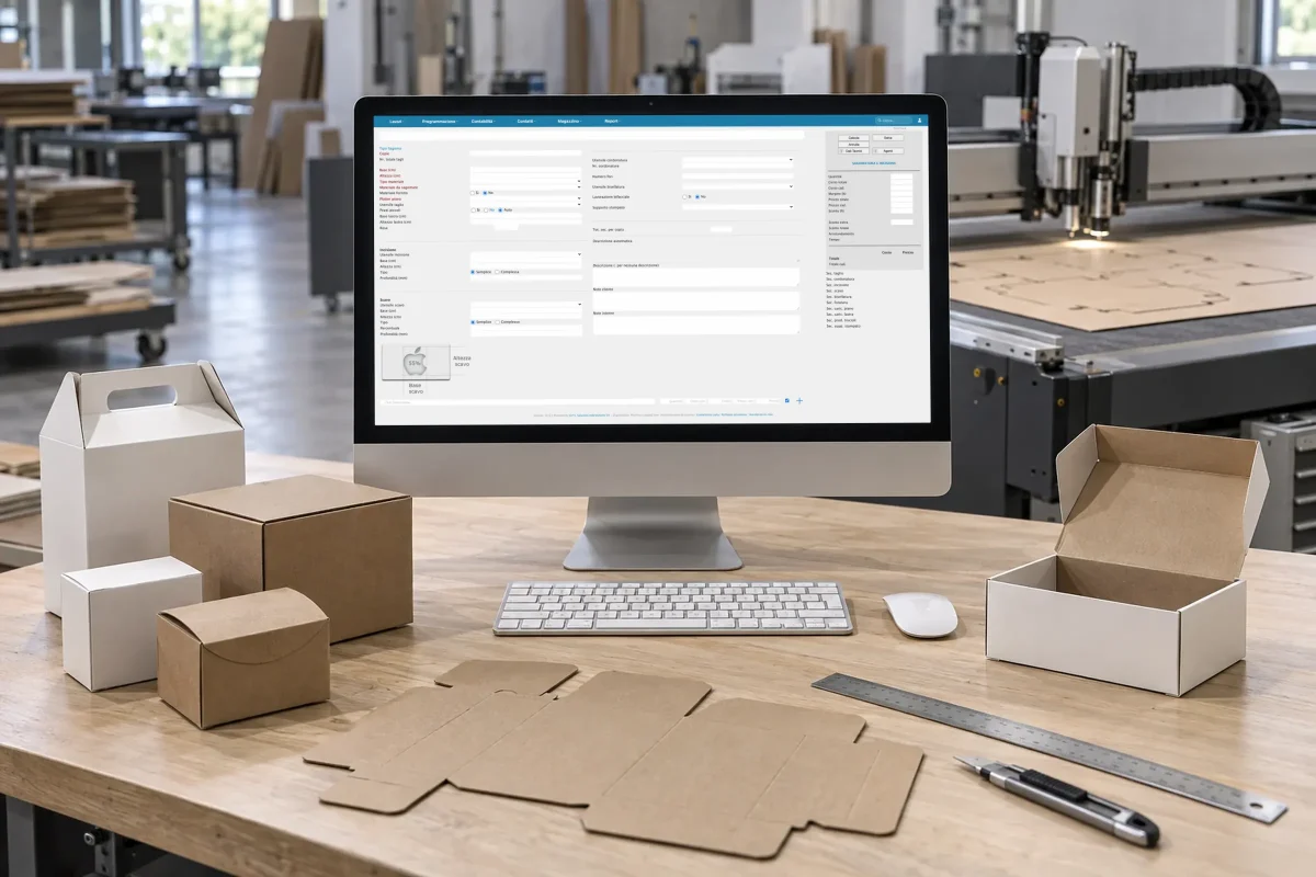 Preventivo di sagomatura e incisione in PrinTrace per il packaging, con un plotter da taglio sullo sfondo