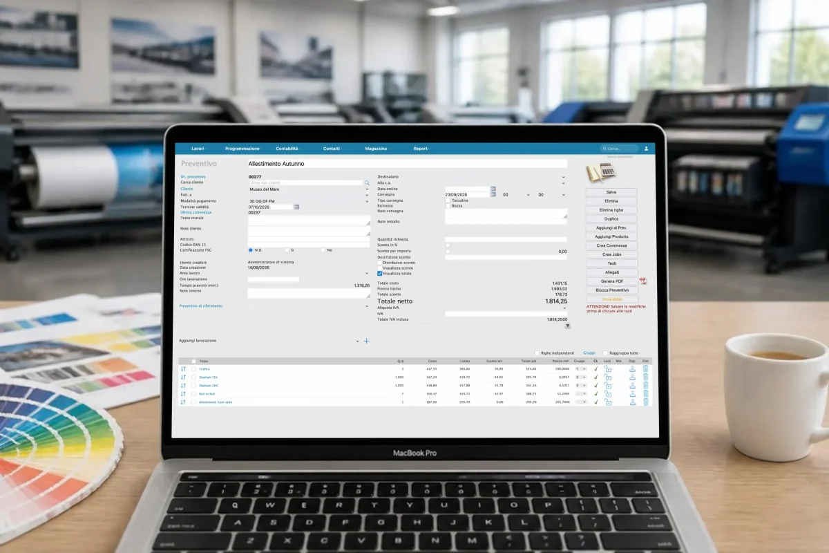 A quote in PrinTrace on a laptop: customer, operations, costs, list price and net total
