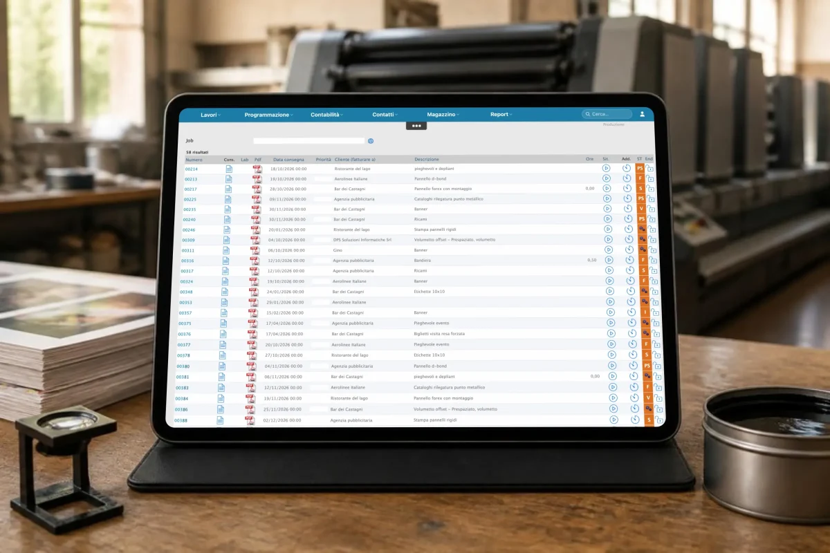 PrinTrace job list on a tablet, with delivery date, customer, description and status of each job