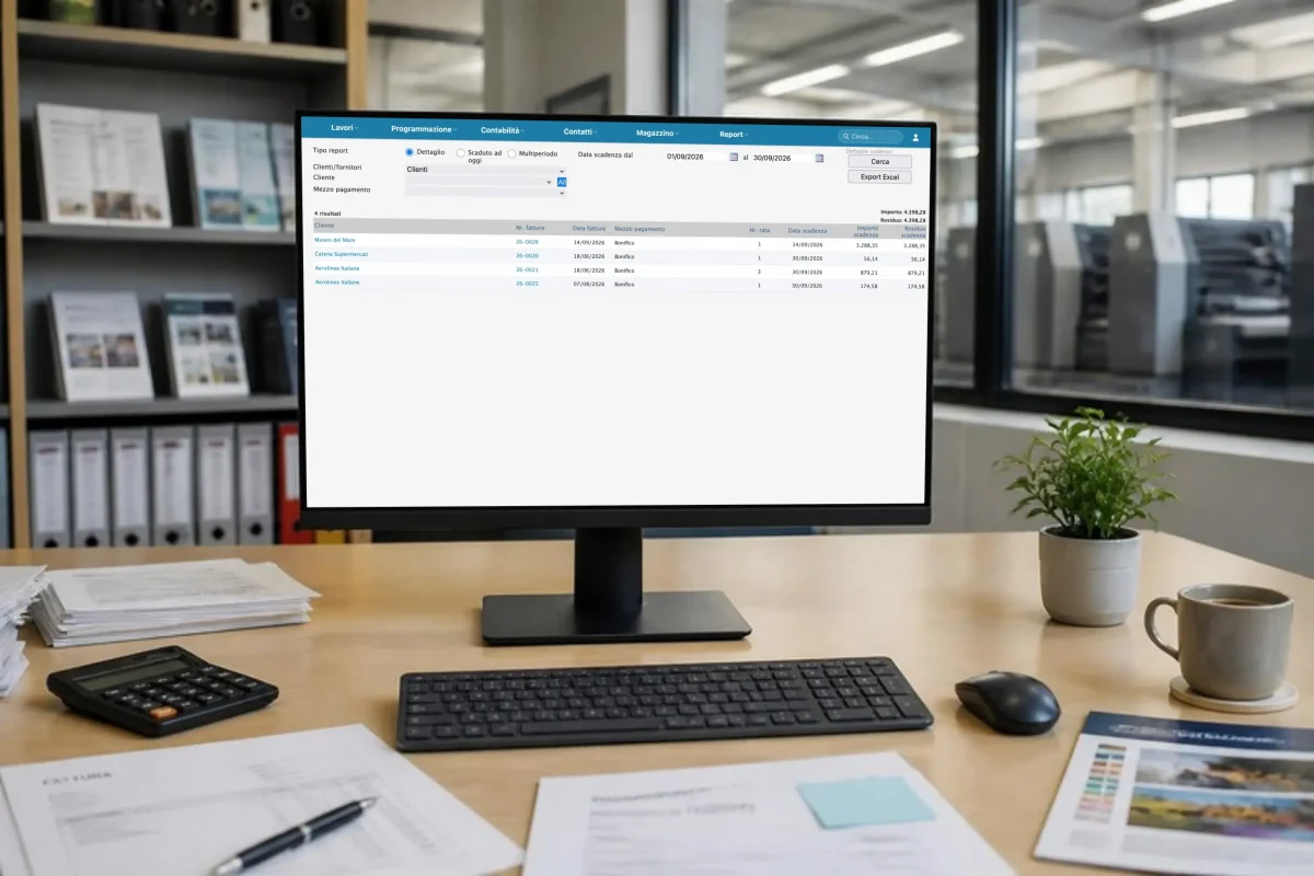 Scadenzario clienti in PrinTrace su un monitor: fatture, date di scadenza, importi e residui da incassare