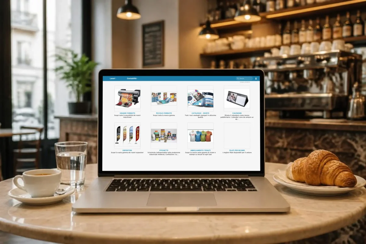 Portale clienti di PrinTrace su un portatile: il catalogo dei prodotti che il cliente ordina online
